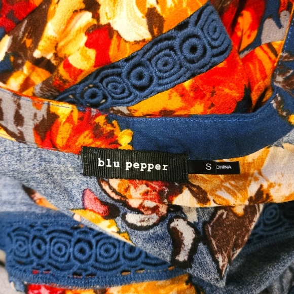 Blu Pepper Size Small Boho Floral Long Sleeve Blouse Blue Orange - Picture 5 of 5